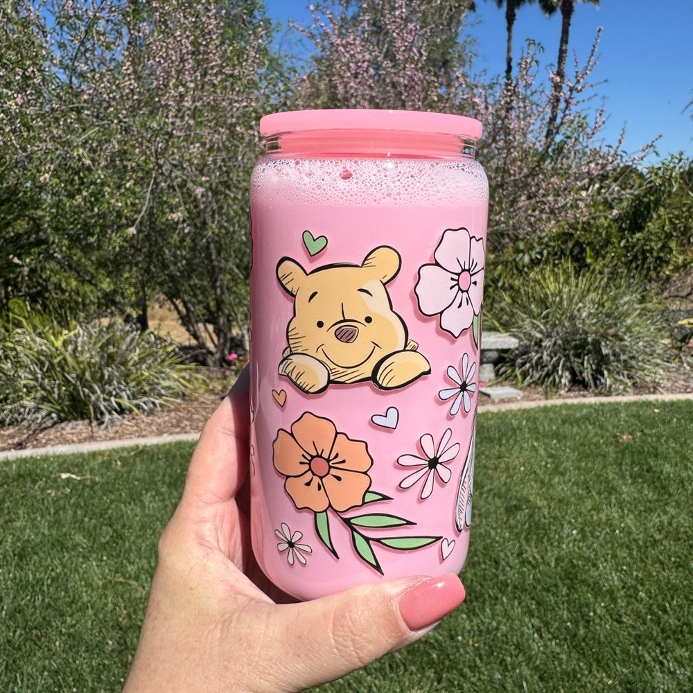 Winnie the Pooh and friends pink drink snow globe glass Tumbler 16oz